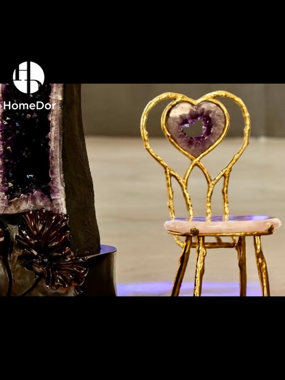 Heart‑Shaped Amethyst Geode Brass Accent Chair