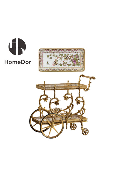 HomeDor-HomeDor × FH&Home | Ornate Brass Serving Trolley with Floral Ceramic Panels-L94cm × W60cm × H90cm-