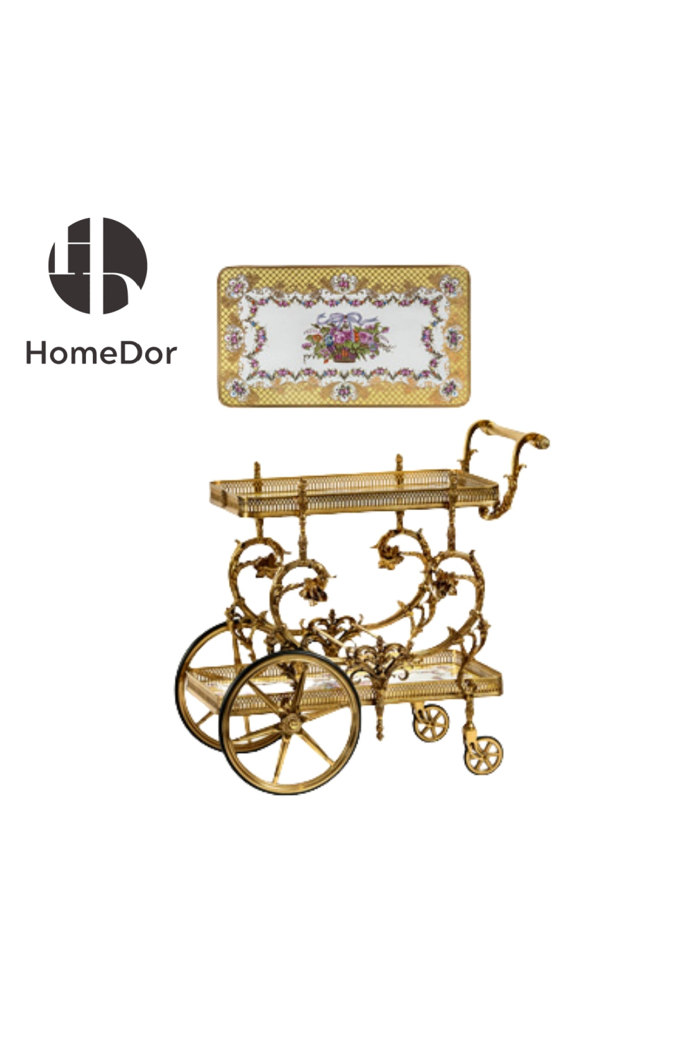 HomeDor × FH&Home | Luxurious Floral Ceramic-Panelled Brass Serving Trolley with Ornate Wheels