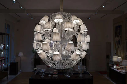 HomeDor Premium Luxury Globe Crystal Chandelier With Fabric/Crystal Glass Lampshades