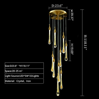 Lampadario in cristallo a sospensione Lily Raindrop in oro