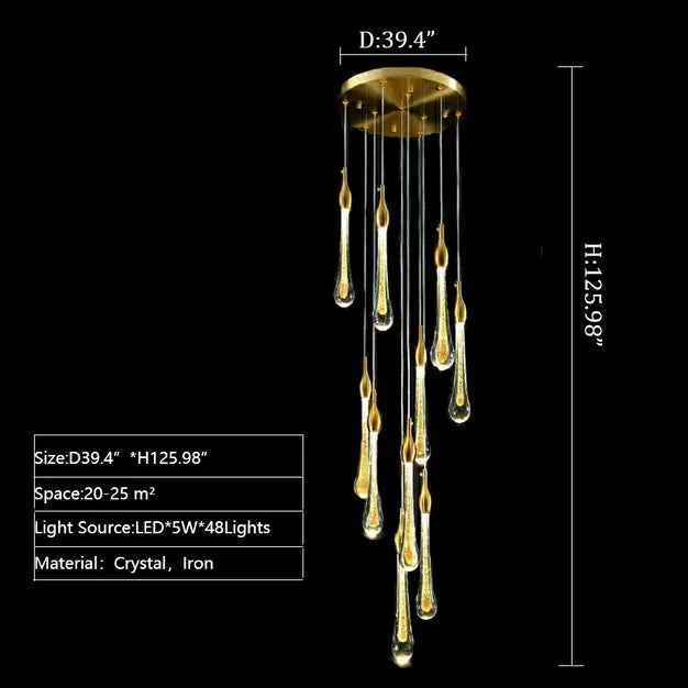 Lampadario in cristallo a sospensione Lily Raindrop in oro