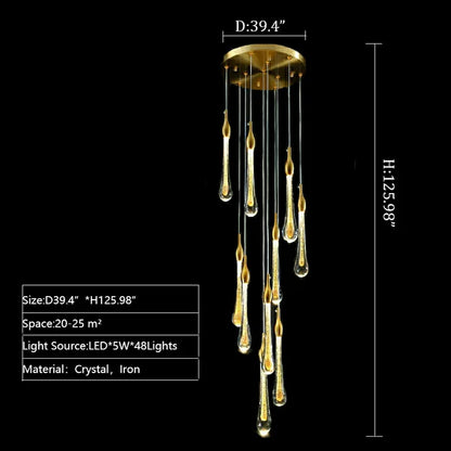 Lampadario in cristallo a sospensione Lily Raindrop in oro
