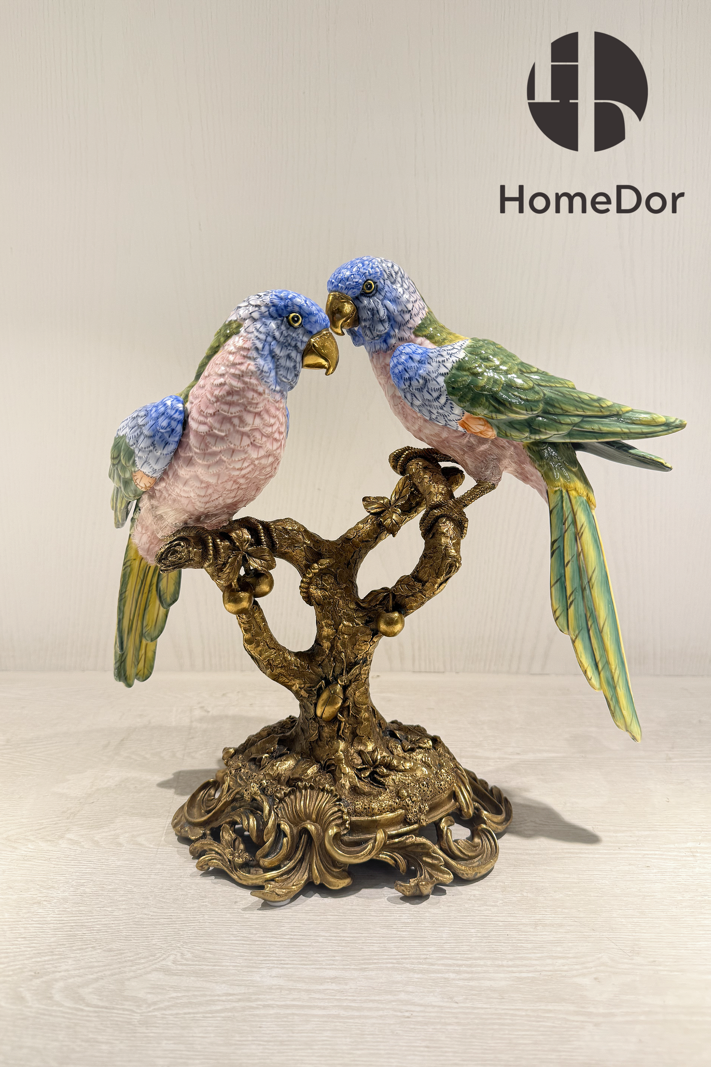 HomeDor × FH&Home | Luxury Nature-inspired Porcelain Parrot Table Decor on Intricately Carved Copper Tree