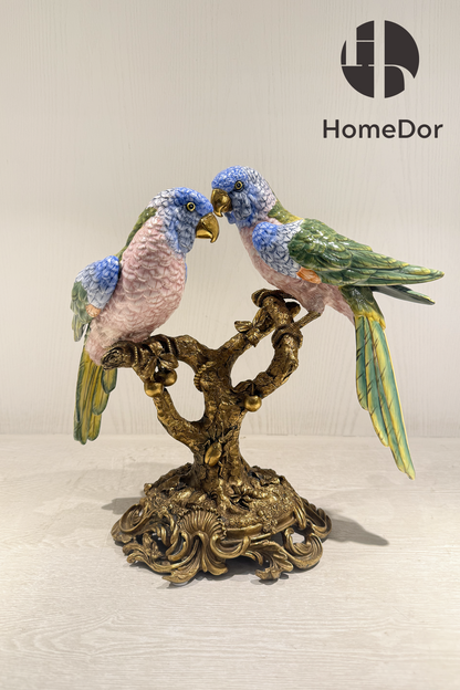 HomeDor × FH&Home | Luxury Nature-inspired Porcelain Parrot Table Decor on Intricately Carved Copper Tree