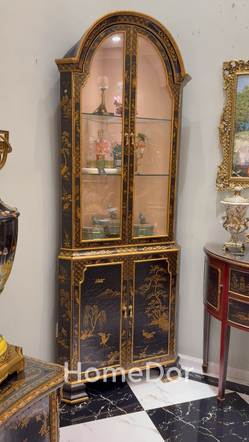 HomeDor × FH&Home | French-Asian Style Arched Glass Display Cabinet with Gold Nature-Inspired Pattern and Crackle Finish