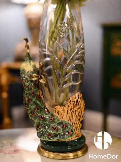 Jarrón vintage de cristal con forma de pavo real verde
