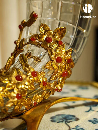 Jarrón de cristal en espiral con cuerno dorado para decoración de mesa