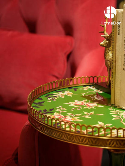 Vintage Style Green Round Tea/Coffee Table with Floral Patterns & Metal Accents