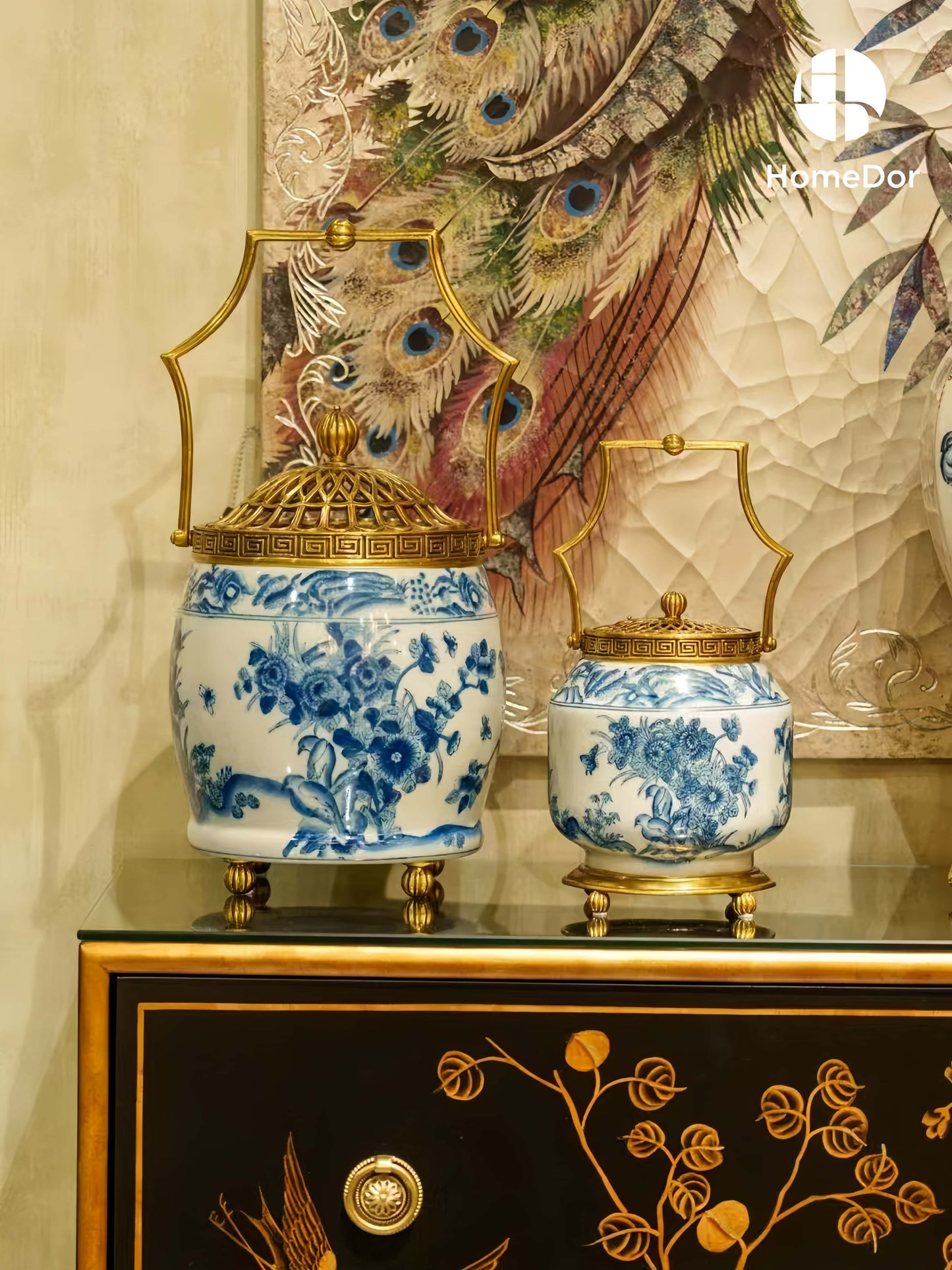 Blue and White Porcelain & Brass Trimmed Decorative Handle Pots/ Table Decor Set