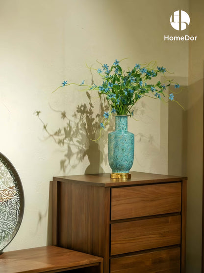Turquoise Porcelain Vases with Distinctive Golden Swirl Patterns and Unique Brass Base & Rim