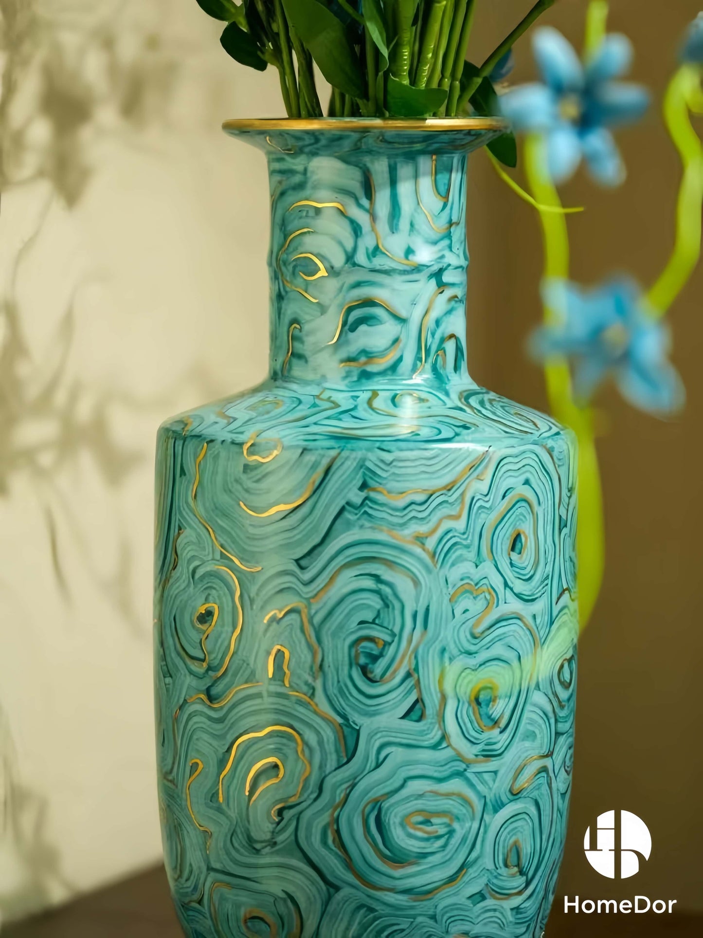 Turquoise Porcelain Vases with Distinctive Golden Swirl Patterns and Unique Brass Base & Rim