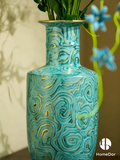 Turquoise Porcelain Vases with Distinctive Golden Swirl Patterns and Unique Brass Base & Rim