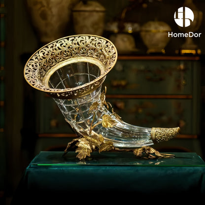 Crystal Glass Brass Cornucopia Table Decor