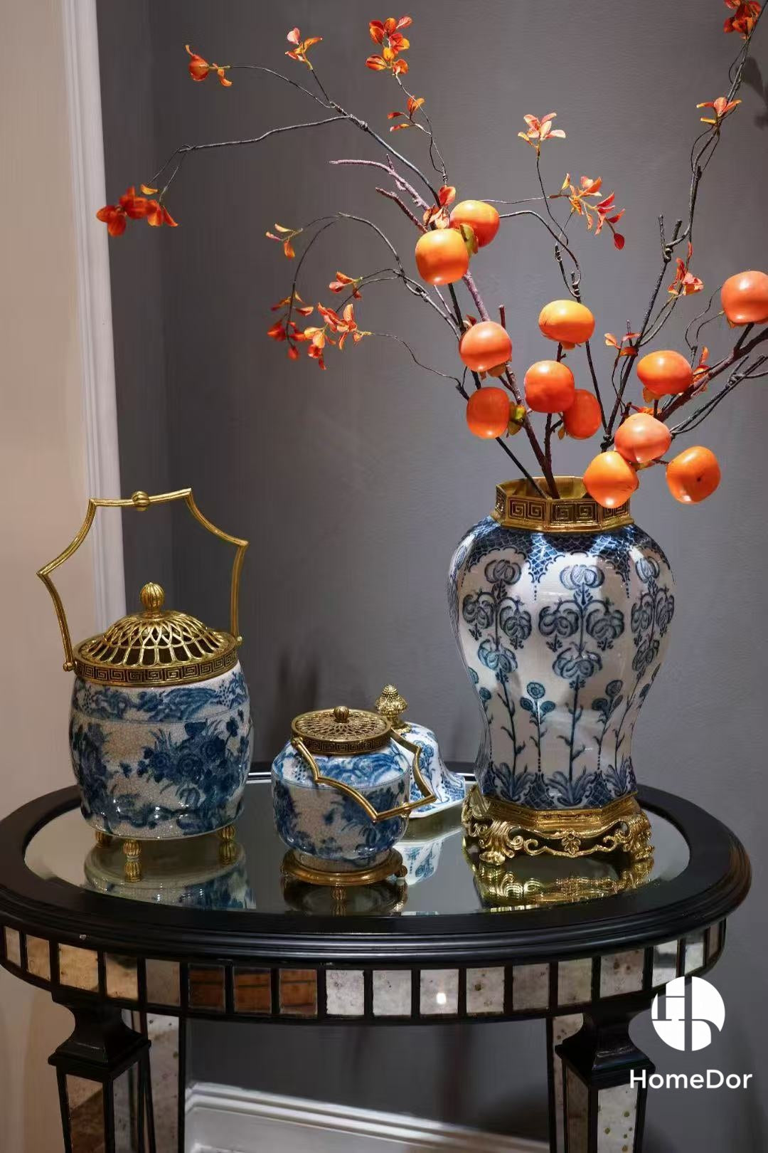 Blue and White Porcelain & Brass Trimmed Decorative Handle Pots/ Table Decor Set
