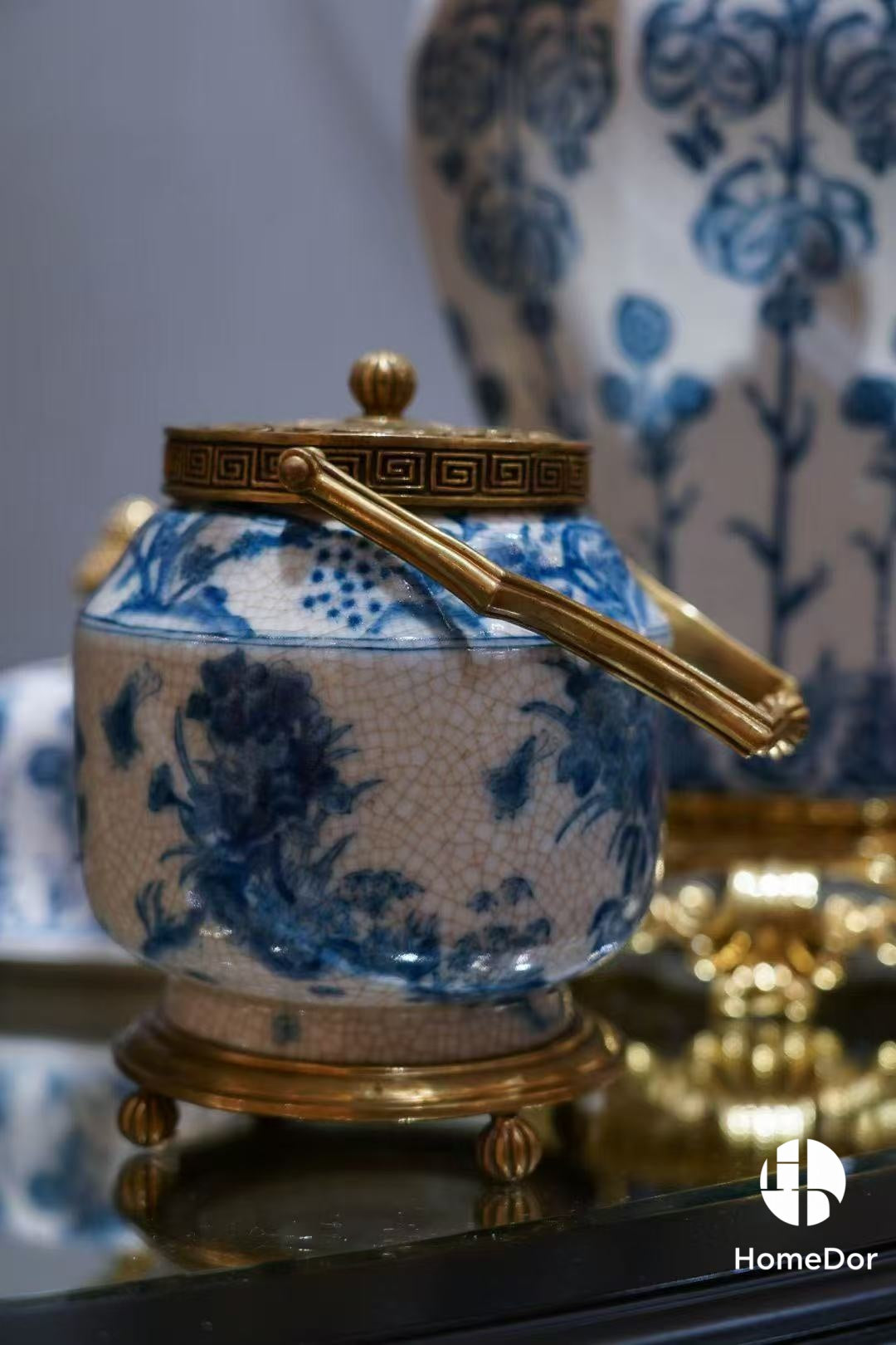 Blue and White Porcelain & Brass Trimmed Decorative Handle Pots/ Table Decor Set