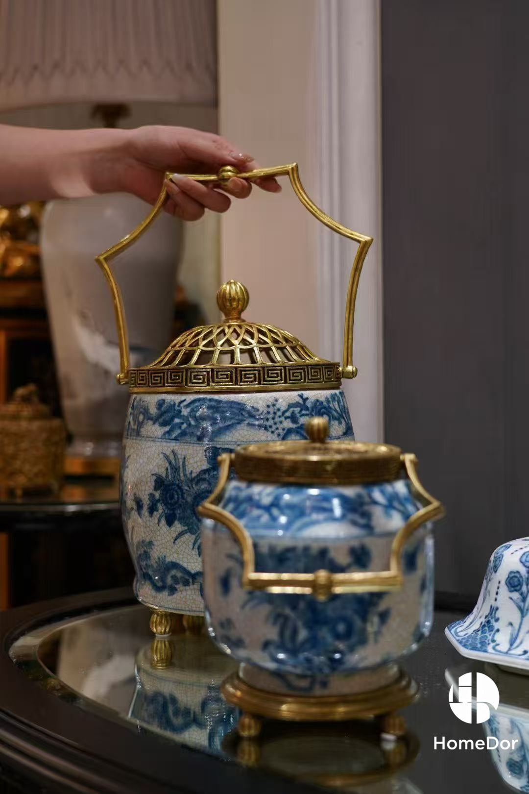 Blue and White Porcelain & Brass Trimmed Decorative Handle Pots/ Table Decor Set