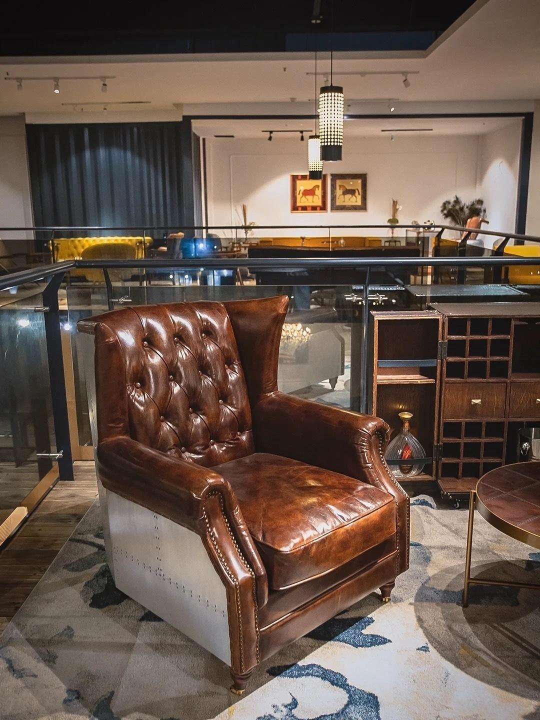 Vintage Oil Waxed Genuine Leather Wingback Armchair