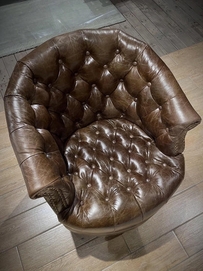Vintage Semi Circular Wrapped Genuine Leather Chesterfield Barrel Sofa Chair