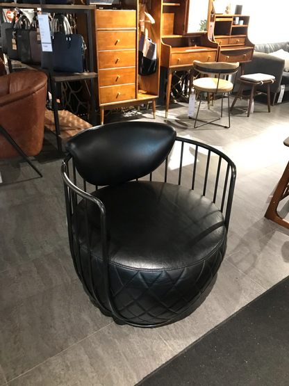 Industrial Black Leather Swivel Drum Sofa Chair