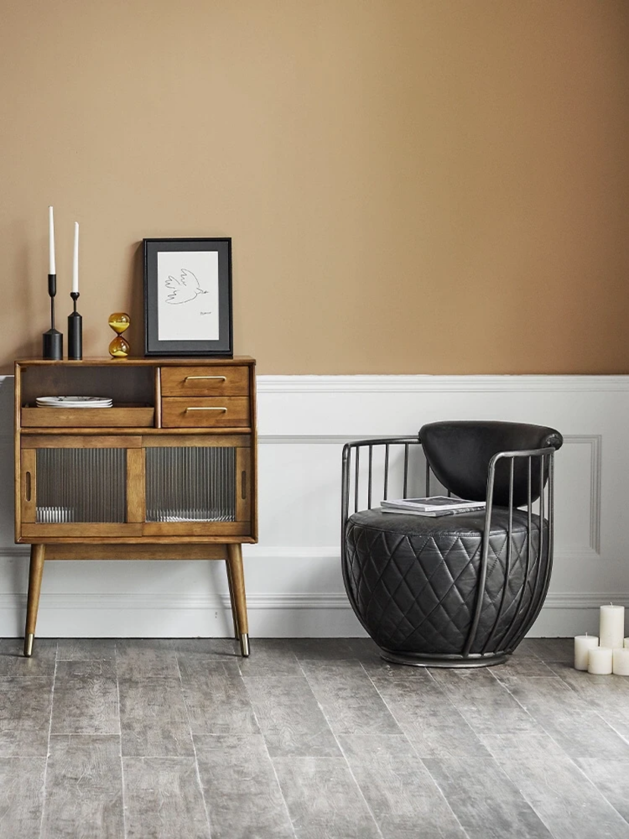 Industrial Black Leather Swivel Drum Sofa Chair