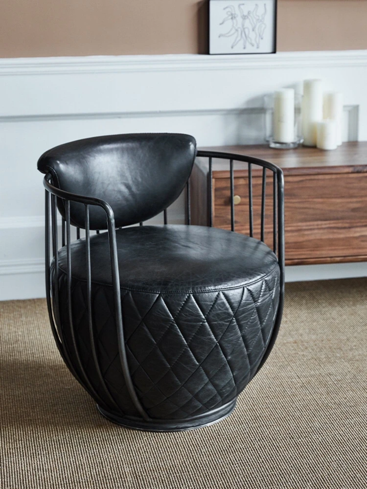 Industrial Black Leather Swivel Drum Sofa Chair