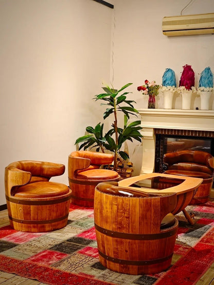 Unique Rustic Barrel Shape Leather Single Lounge Chair with Hand Crafted Wooden Base