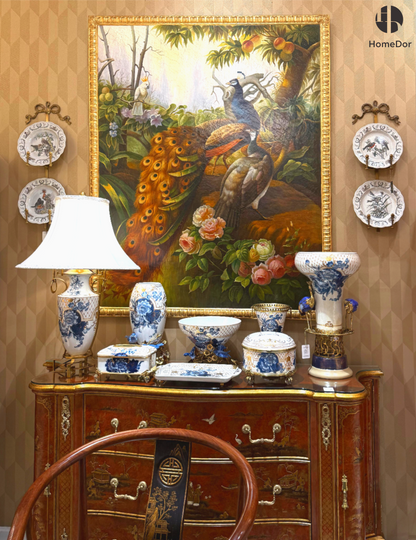 HomeDor Chinoiserie Blue and White Peony Gilded Decor Set II