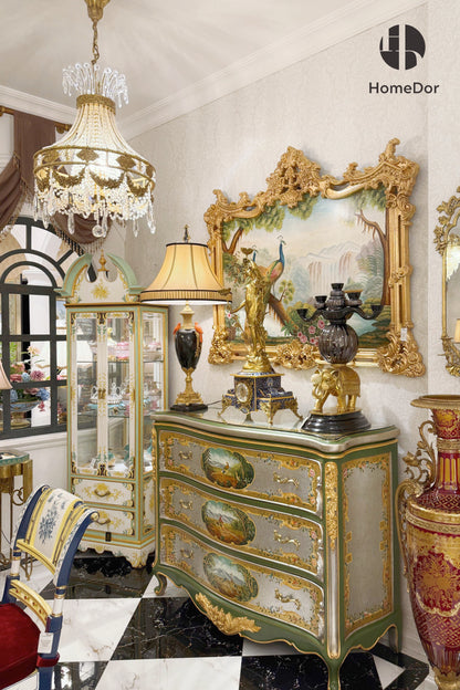 HomeDor Exquisite Rococo Hand-Painted Blossoms Display Cabinet