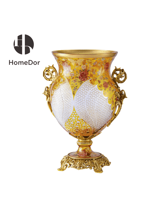 Golden Floral Cut Glass Jardinière with Scroll Handles