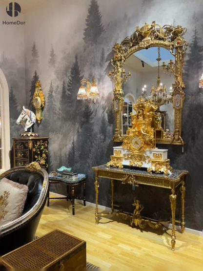 HomeDor Luxury Rococo Design Brass Accent Entry Mirror