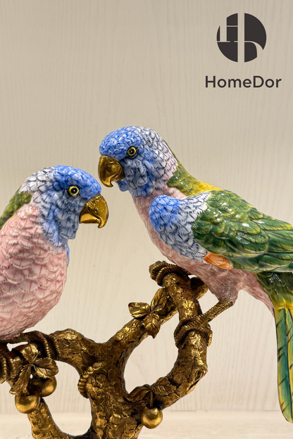 HomeDor × FH&Home | Luxury Nature-inspired Porcelain Parrot Table Decor on Intricately Carved Copper Tree