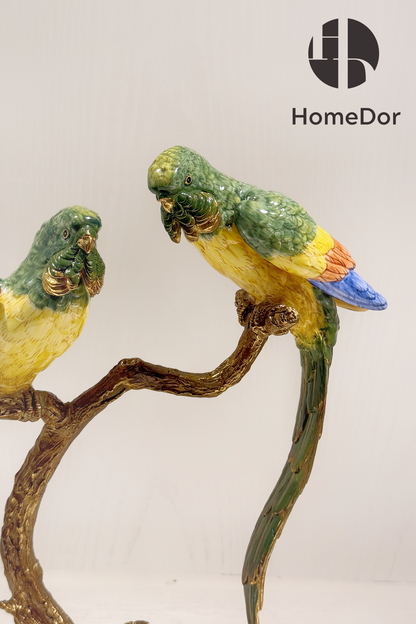 HomeDor × FH&Home | Luxury Nature-inspired Porcelain Parrot Table Decor on Intricately Carved Copper Tree