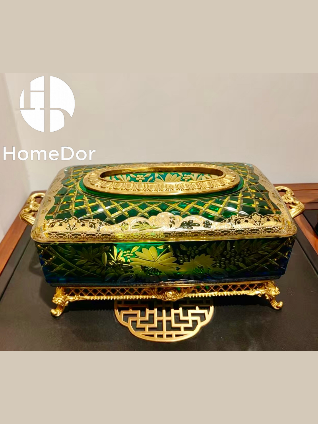 HomeDor-HomeDor × FH&Home | Exquisite Baroque Glass Floral Engravings Copper-cast Table Decor Set-Table Decor-The Whole Set-
