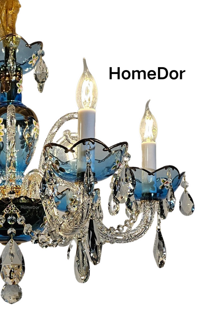HomeDor Premium Luxury French Blue Handcrafted Crystal Candle Chandelier