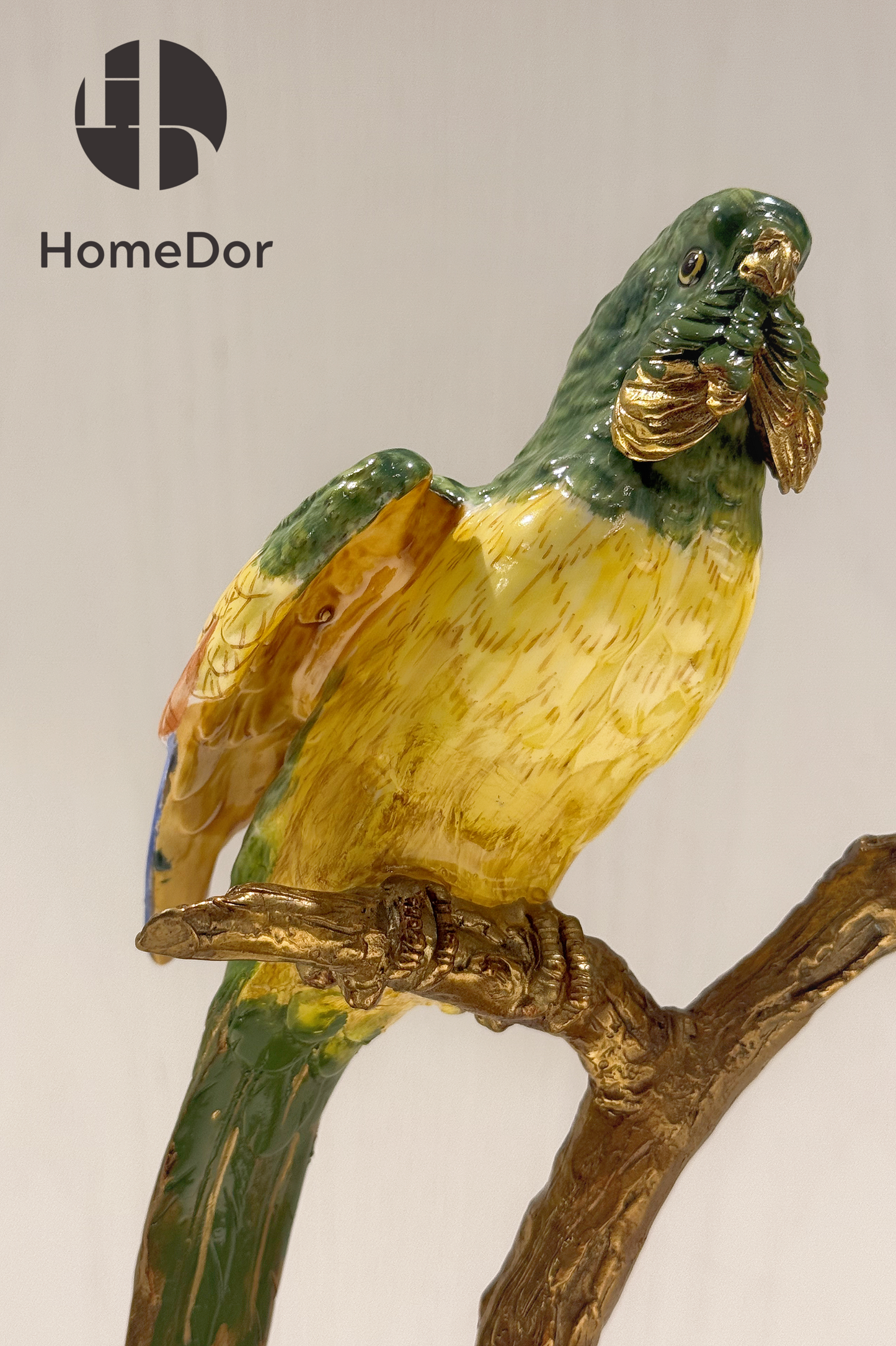 HomeDor × FH&Home | Luxury Nature-inspired Porcelain Parrot Table Decor on Intricately Carved Copper Tree