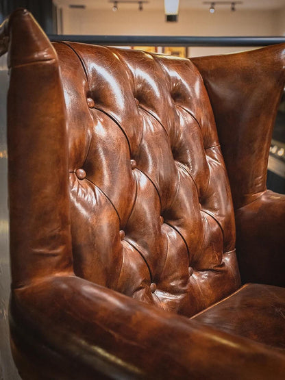 Vintage Oil Waxed Genuine Leather Wingback Armchair