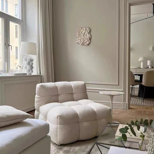 HomeDor Teddy Fleece Cream White Tofu Cube Sofa Chair