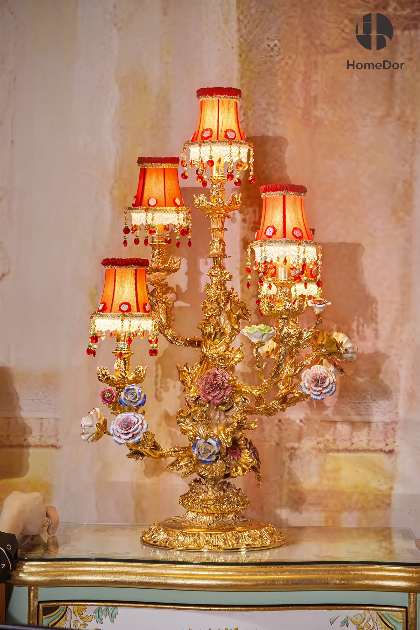 HomeDor × FH&Home | Statement Palace-Style Golden Tree Branch Red Table Lamp