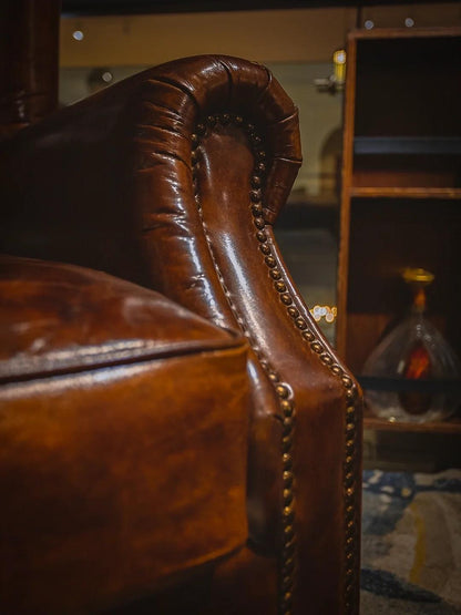 Vintage Oil Waxed Genuine Leather Wingback Armchair