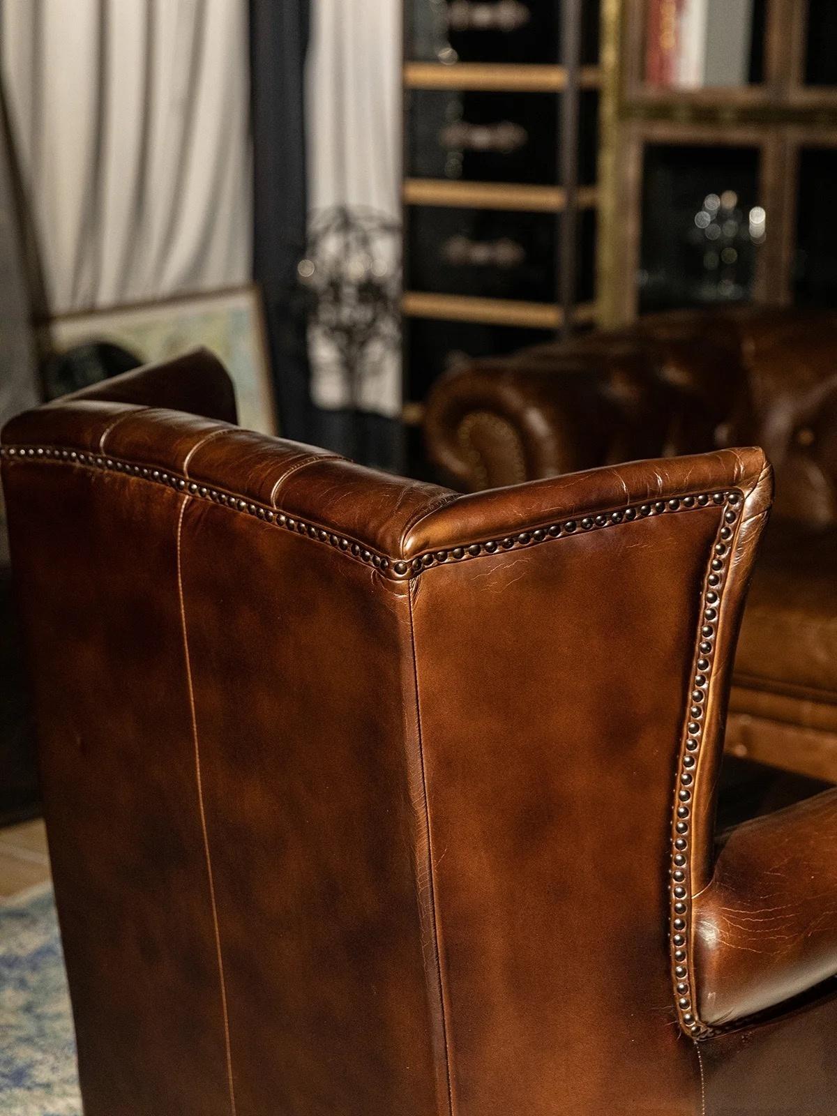 Vintage Oil Waxed Genuine Leather Wingback Armchair