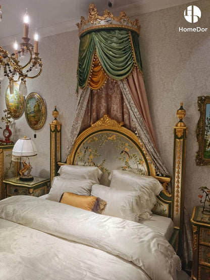 Louis XV Vernis Martin Rose Canopy Bed with Crown