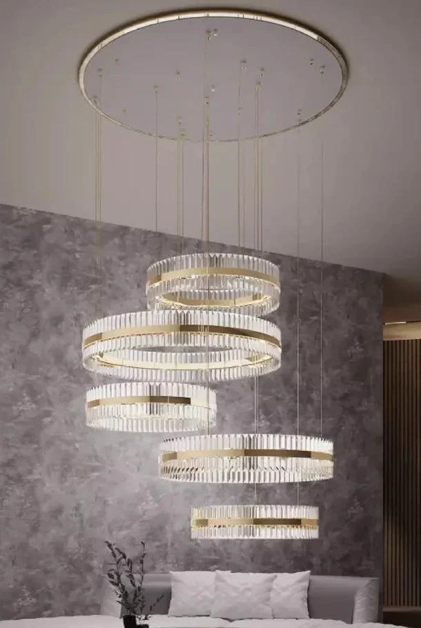 HomeDor 5-Ring Crystal Chandelier in Gold Finish