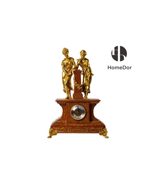 HomeDor Antique Brass-Figure Mantel Clock with Ornate Carvings-L41cm × W19cm × H60cm-