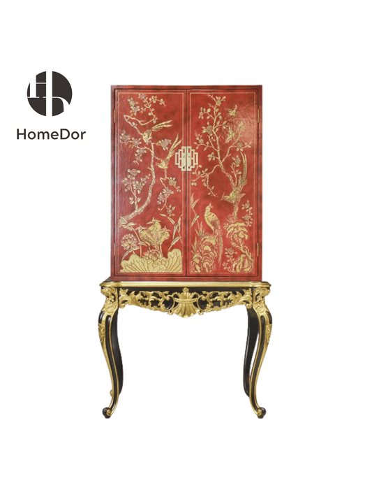 Antique Inspired Red Lacquered High-Leg Wood Cabinet with Golden Trimmed Bird&Floral Motifs