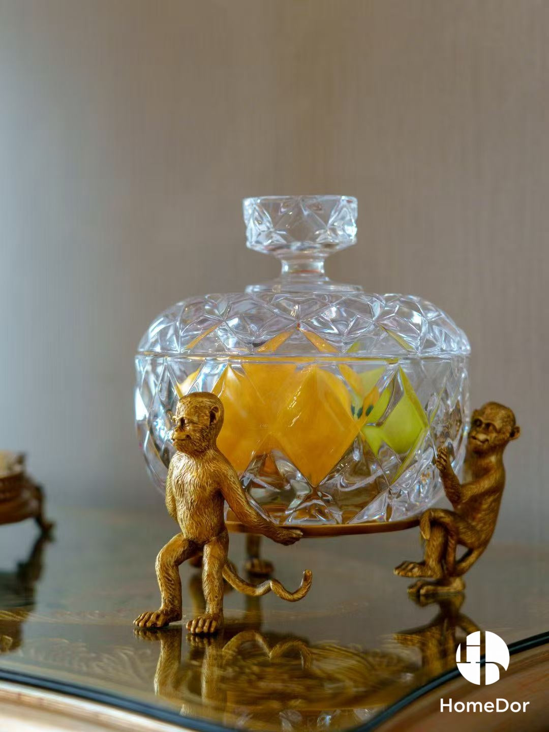 Art Deco Crystal Lidded Box / Canister on Sculpted Brass Monkey Stand2