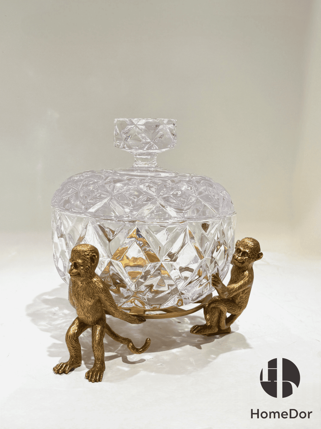 Art Deco Crystal Lidded Box / Canister on Sculpted Brass Monkey Stand3