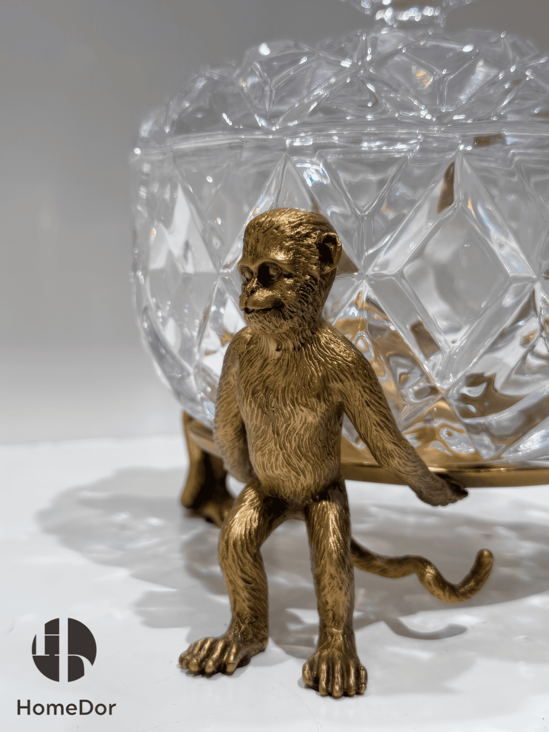 Art Deco Crystal Lidded Box / Canister on Sculpted Brass Monkey Stand5