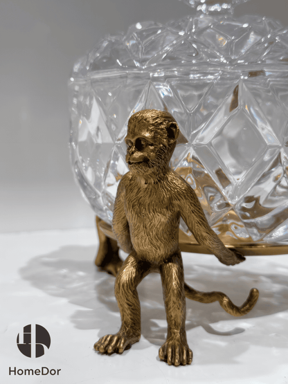 Art Deco Crystal Lidded Box / Canister on Sculpted Brass Monkey Stand5