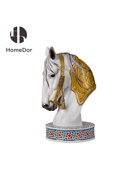 Art Deco Horse Head Sculpture with Enamel Detailed Saddle & Geometric Porcelain Base